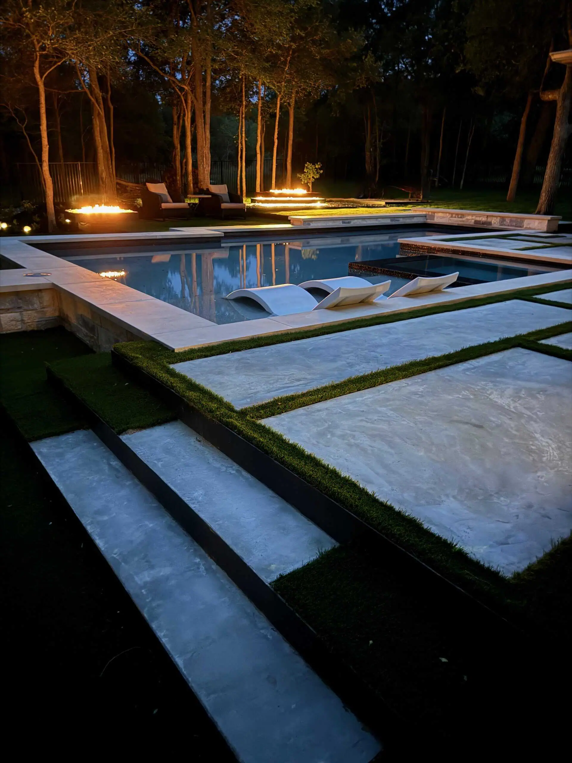 Fly Catcher — large format pavers, welded steel fire pits, native xeriscape — Austin TX