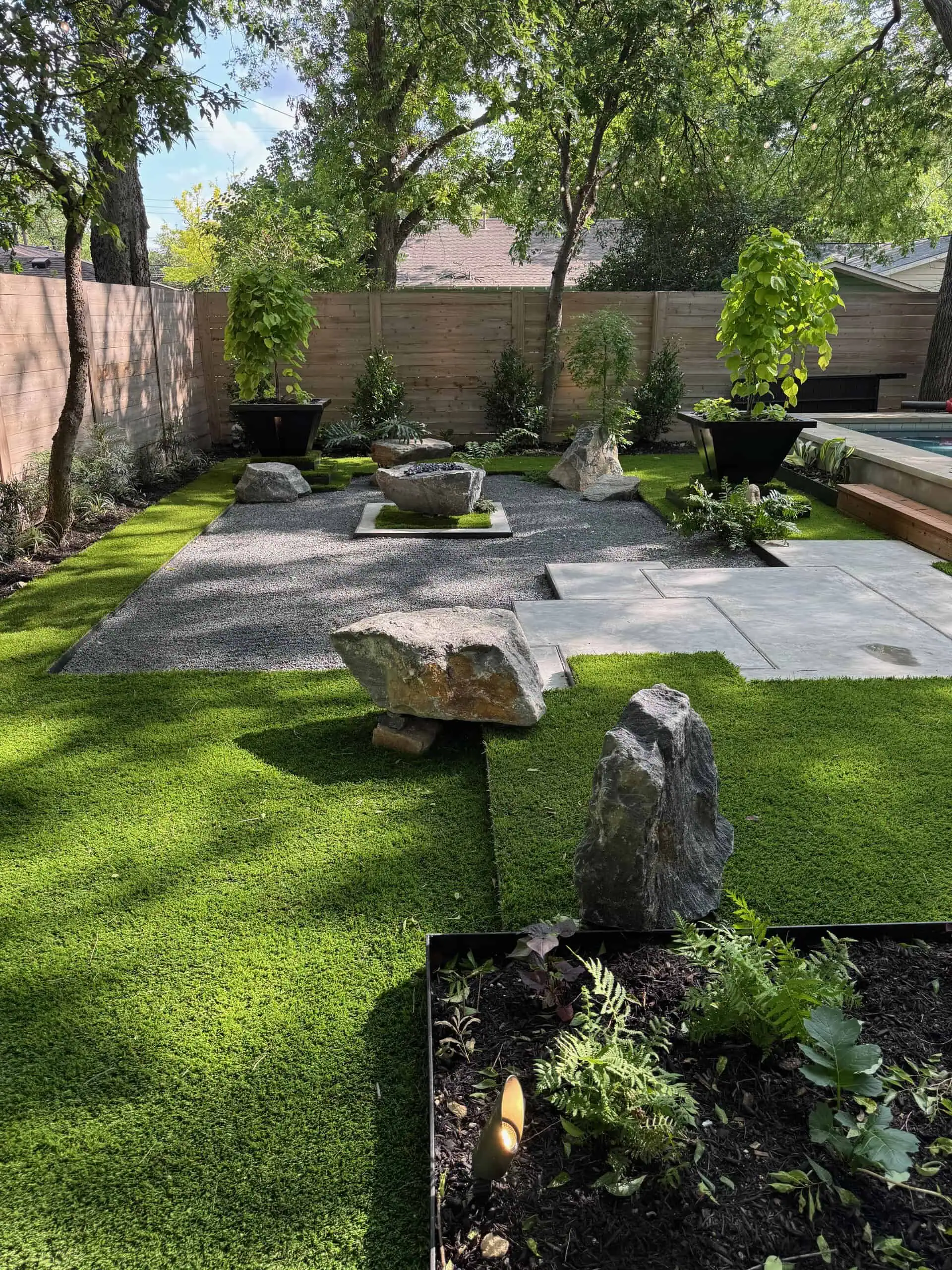 American Synthetic Ultra Real turf — terraced outdoor living — Austin TX