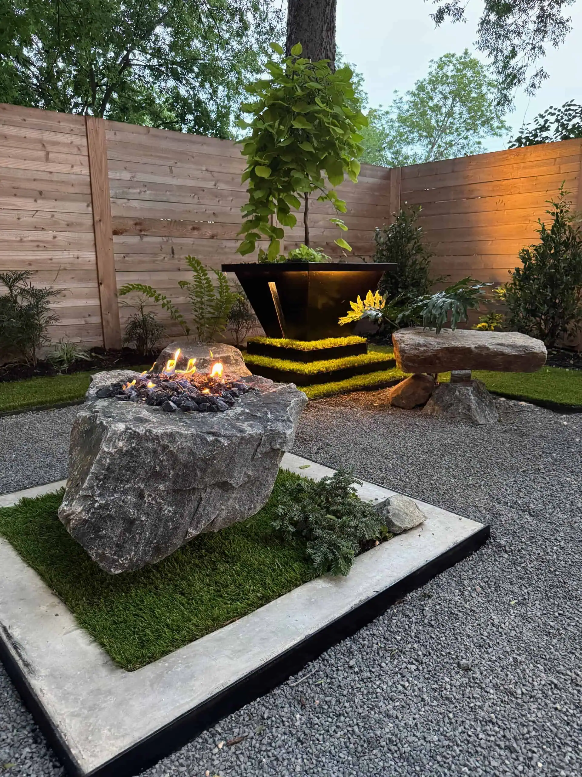 Boulder bench and fire pit — Austin TX